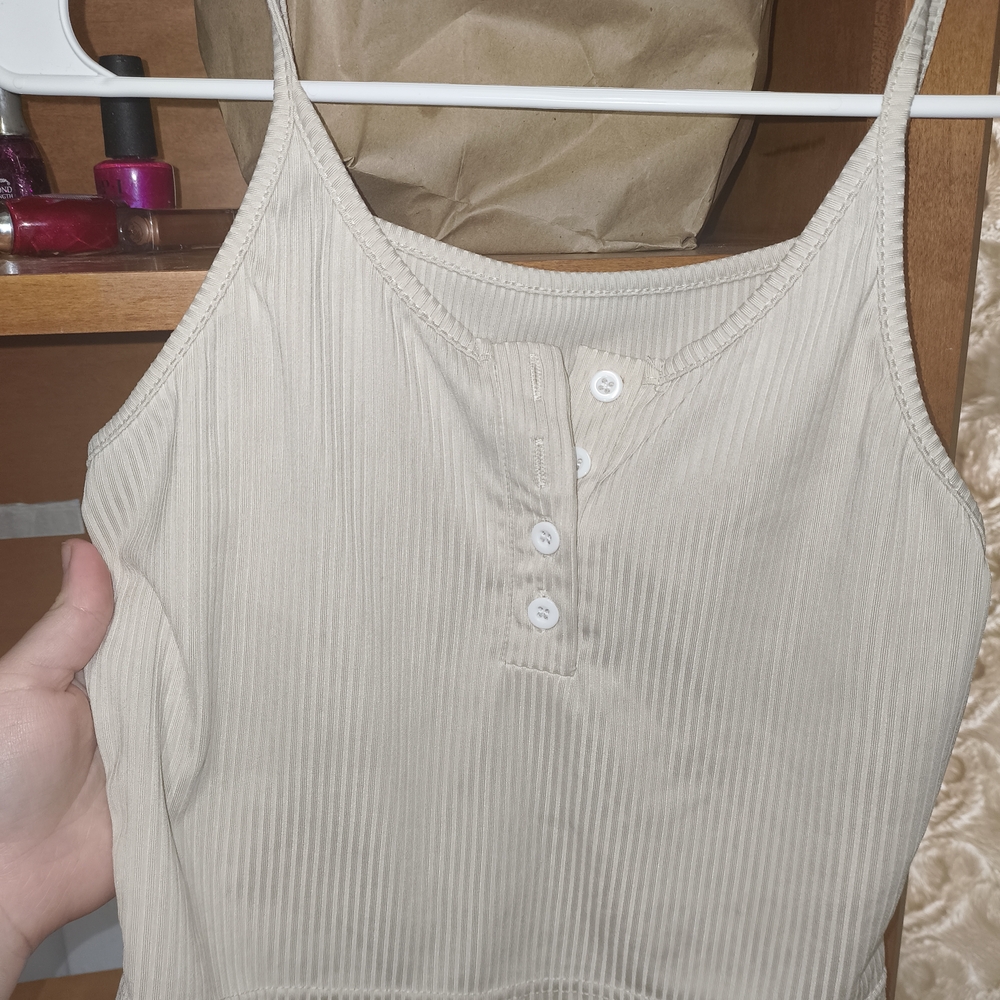 Beige Ribbed Button-Up Tank Top